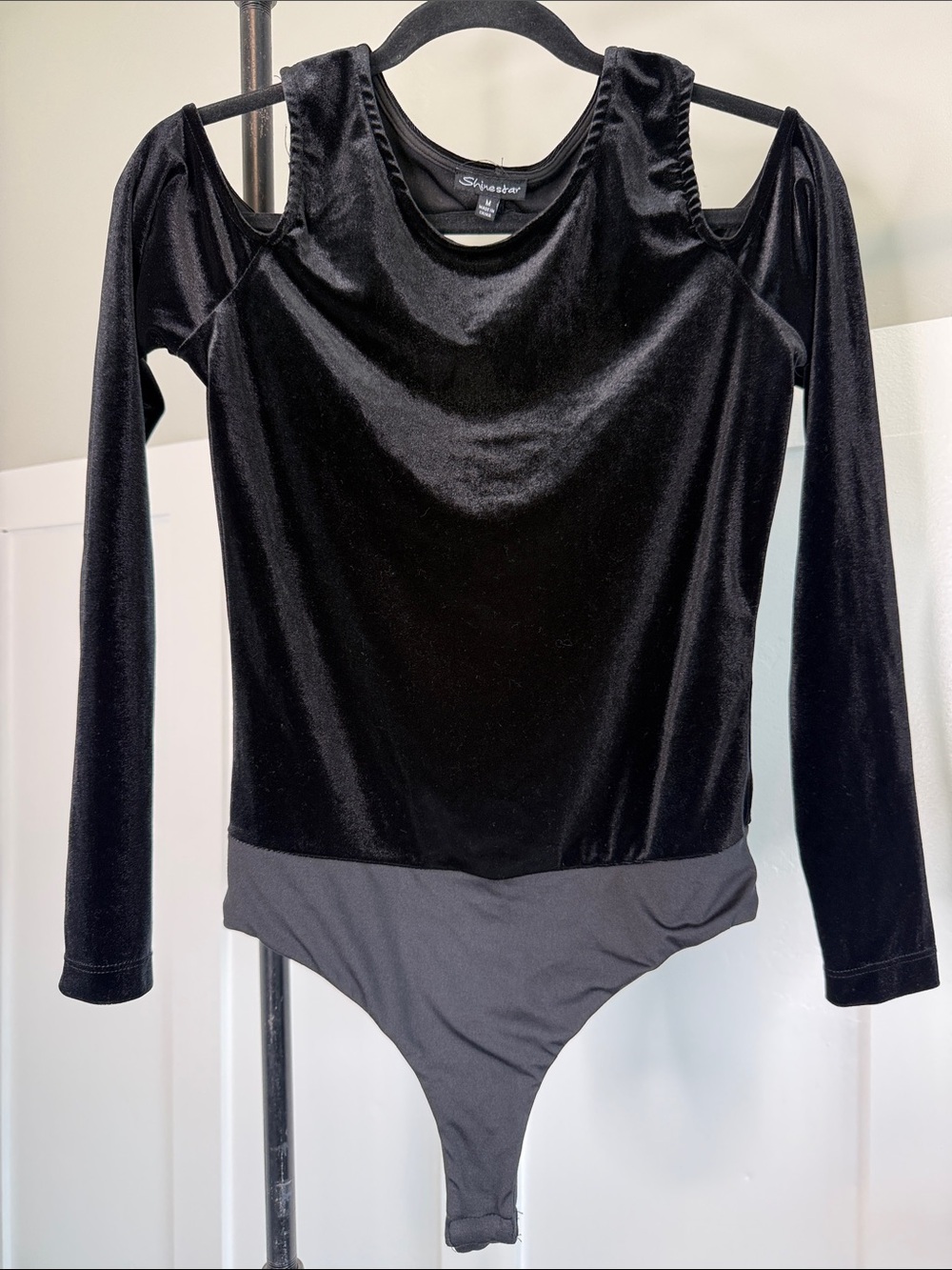 Shinestar Black Velvet Cold-Shoulder Long Sleeve Bodysuit